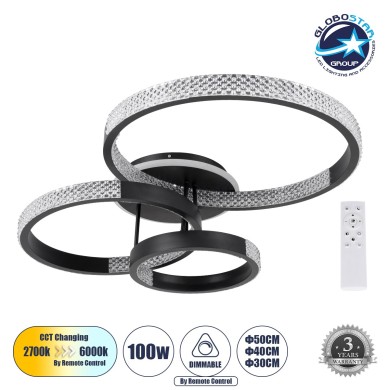 GLOBOSTAR® DIAMOND 61114 Μοντέρνο Φωτιστικό Οροφής LED 100W 12123lm 360° AC 220-240V IP20 Ρυθμιζόμενο Λευκό CCT με Χειριστήριο από 2700K έως 6000K Dimmable - Lumileds SMD Chip - Μαύρο Ματ - Μ80 x Π50 x Υ20cm - 3 Χρόνια Εγγύηση